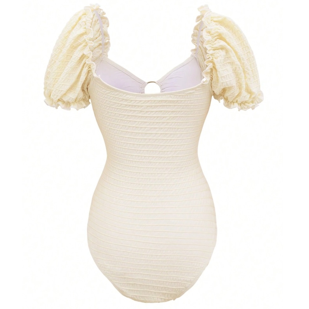 Boho Scoop Neck Puff Sleeve Cut out One Piece Swimsuit Monokini - Picture 6 of 8